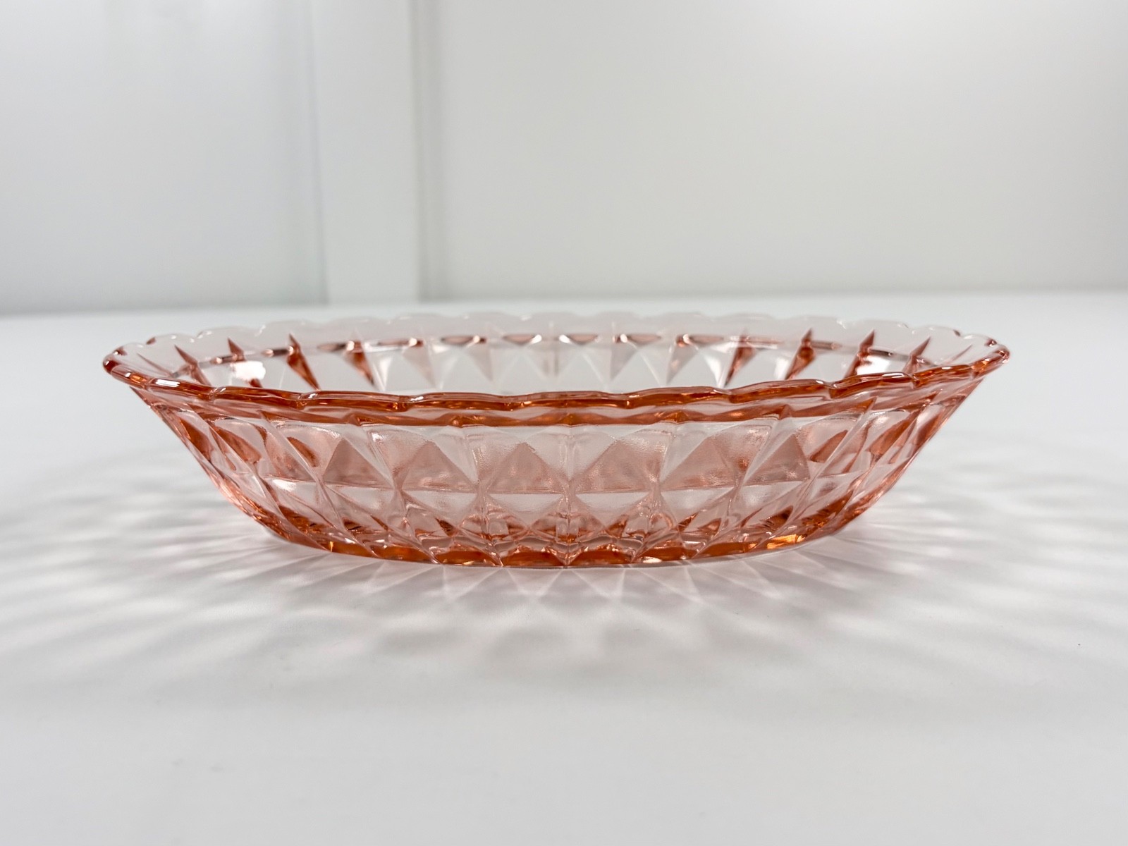 2 Vintage Jeannette Windsor Diamond Pink Depression Glass Oval Serving Bowls Set