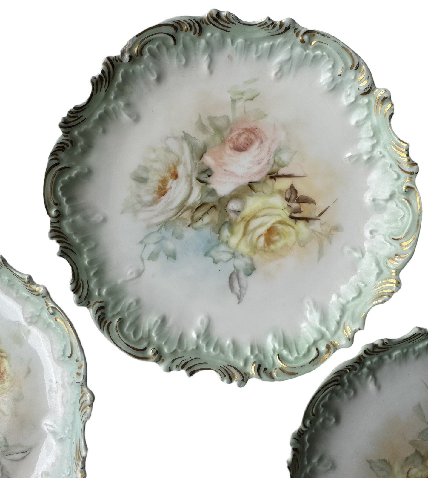 Antique Limoges France Plate Set 4 Hand Painted 1899 Scalloped Embossed Floral