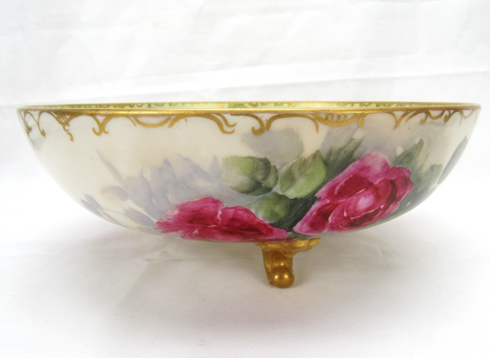 Antique Hand Painted tri Footed Bowl red roses with orated Gold Trim 9″
