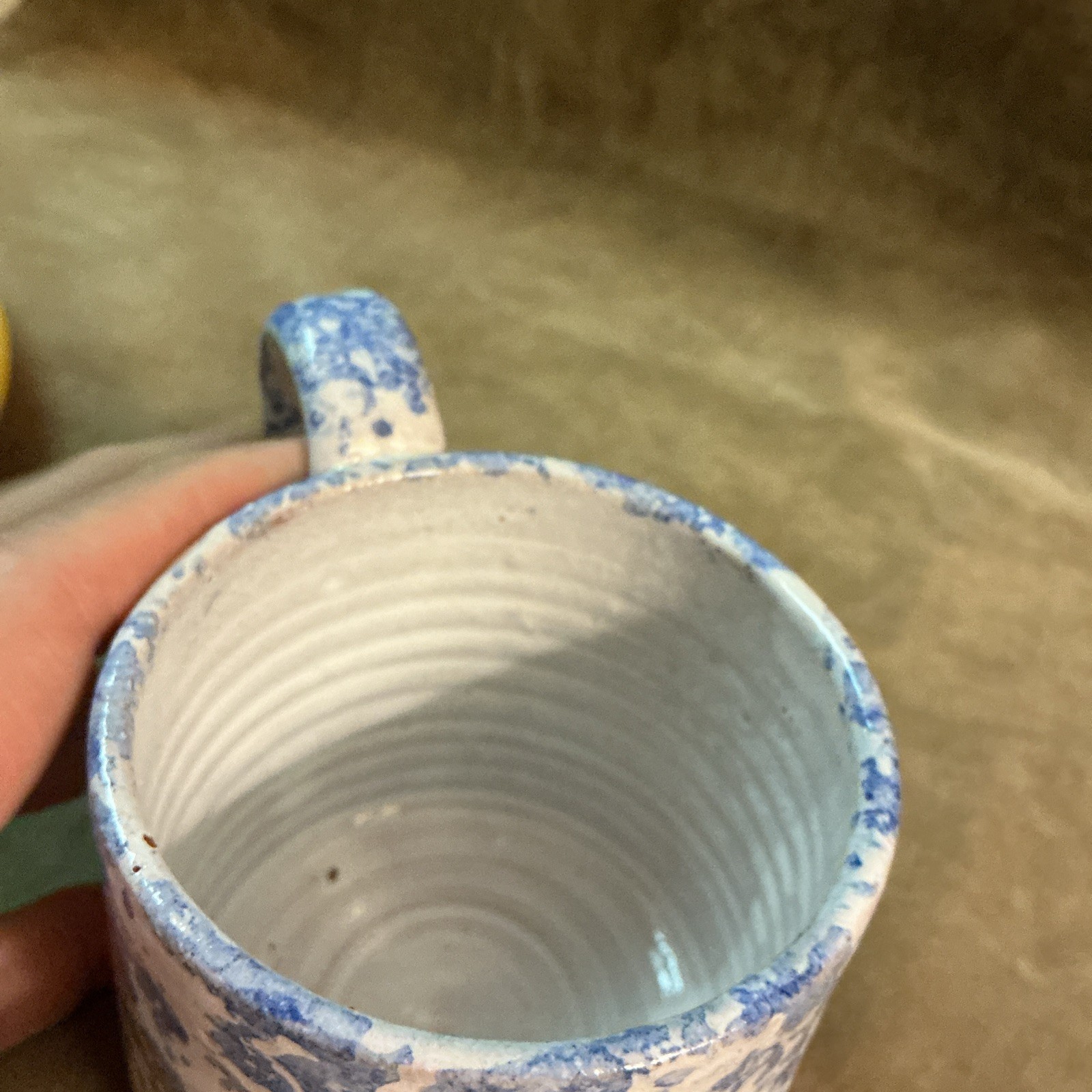 Celia Cole Sanford North Carolina art pottery blue white sponge ware coffee mug