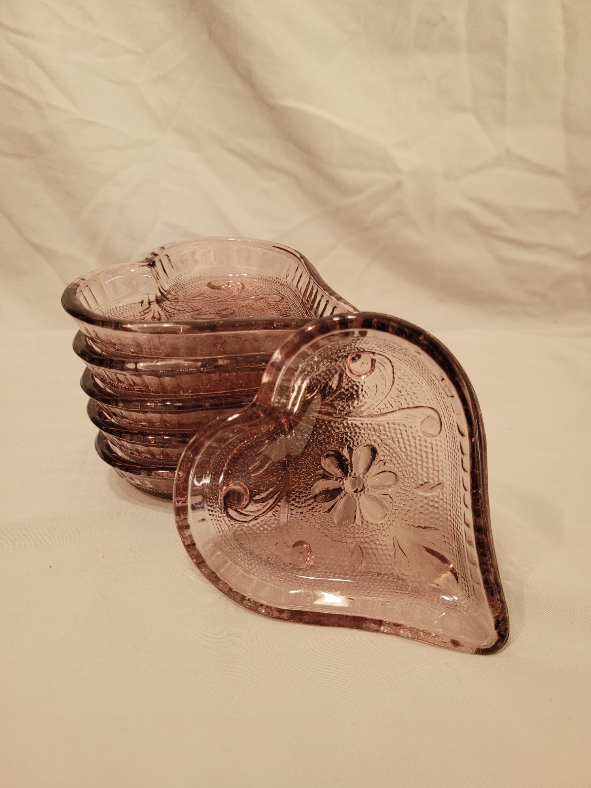 Vintage Tiara Sandwich Glass, Amethyst Purple Heart Trinket Dish Lot Of 6