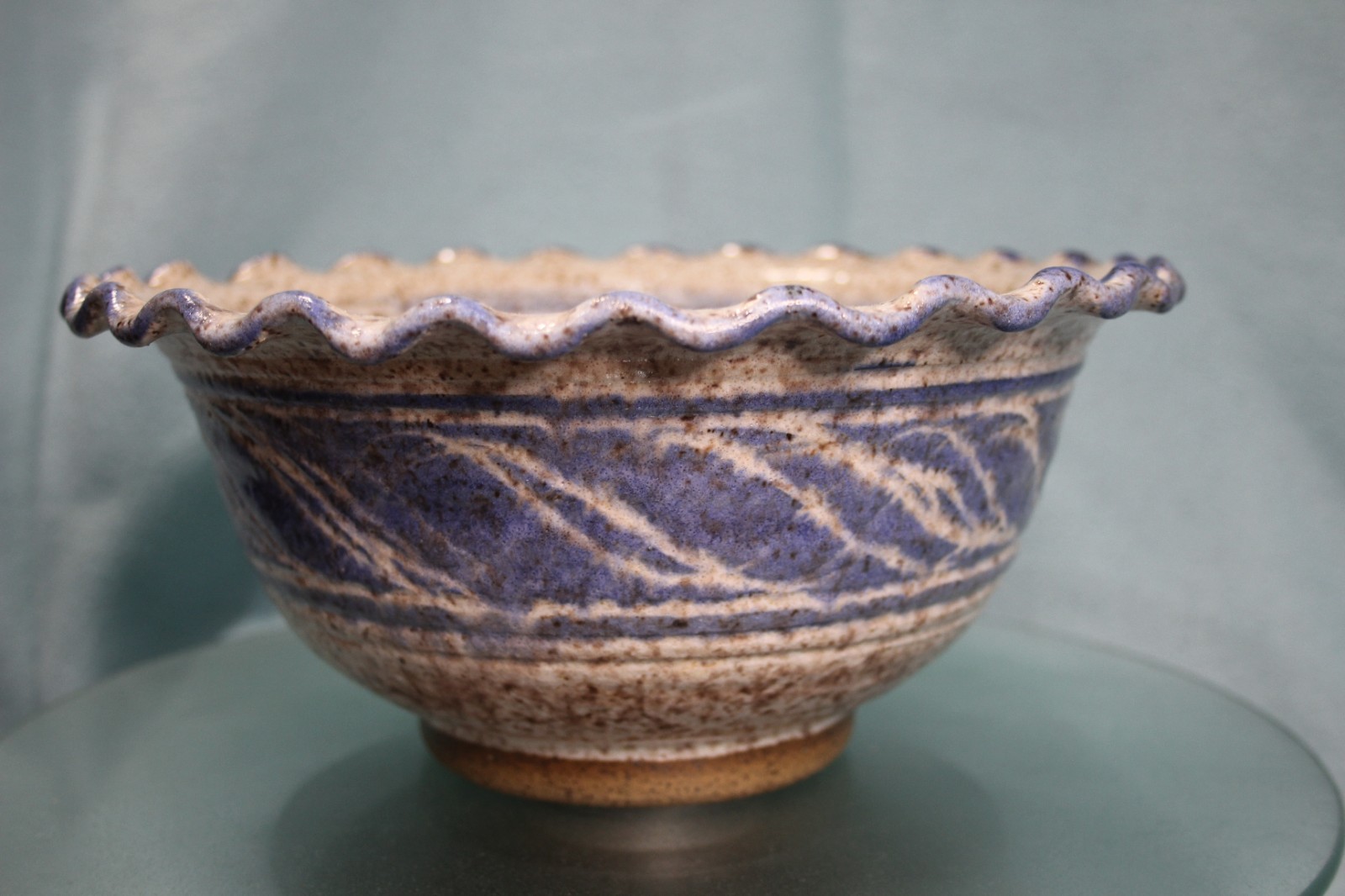 Vintage Studio Art Pottery Salt Glaze Stoneware Bowl Signed Blue Cobalt 9in