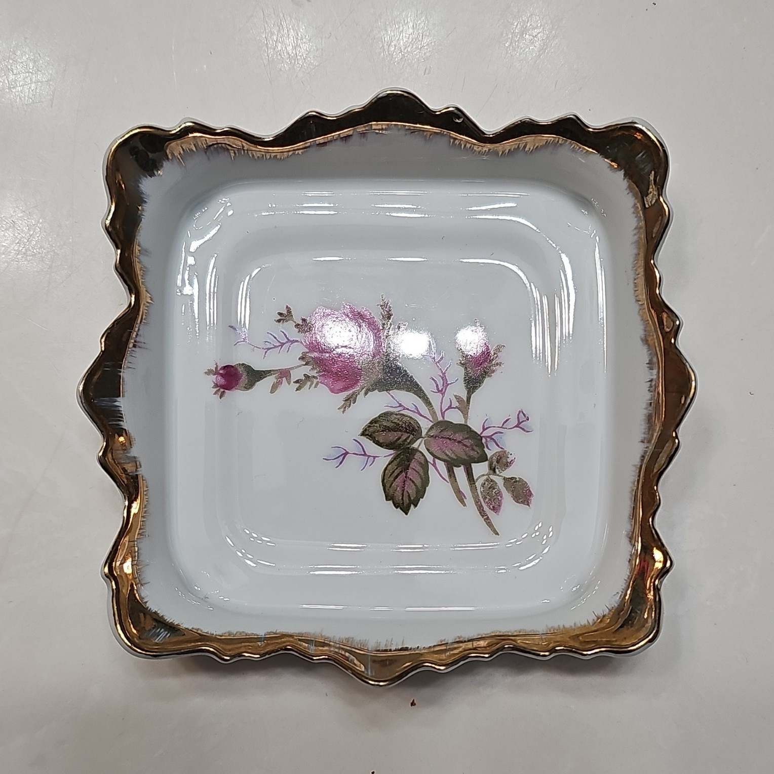 Royal Kent Square Floral Porcelain Dish, White Pink Green, Gold Trim