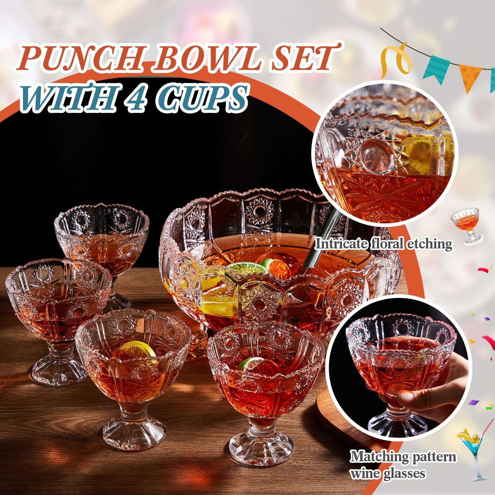 Vintage Crystal Glass Punch Bowl Set with Ladle & 4 Cups – Party Serveware Decor