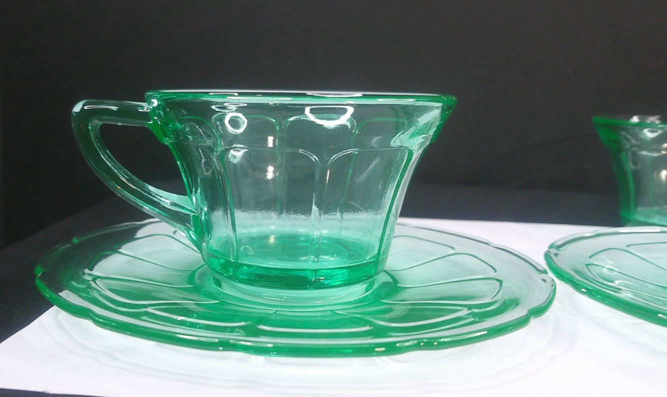 Uranium, Diamond Glass Co, Victory, Green, Cup & Saucer Sets, (2), c 1929, ExCd