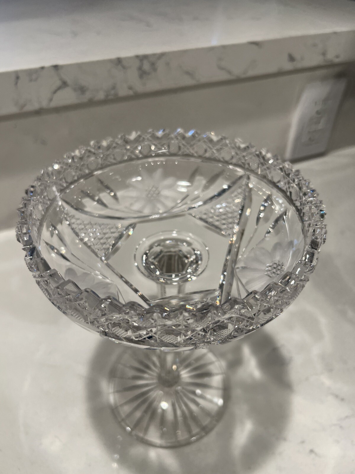 American Brilliant Period Cut Glass Crystal Compote 9″ MINT Cut Edge AMAZING