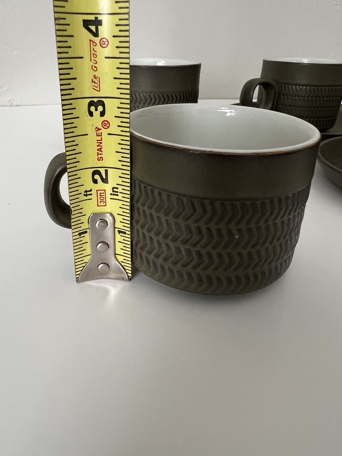 Denby Langley Camelot Stoneware Chevron Dark Olive Green Cup & Saucers Set Of 6