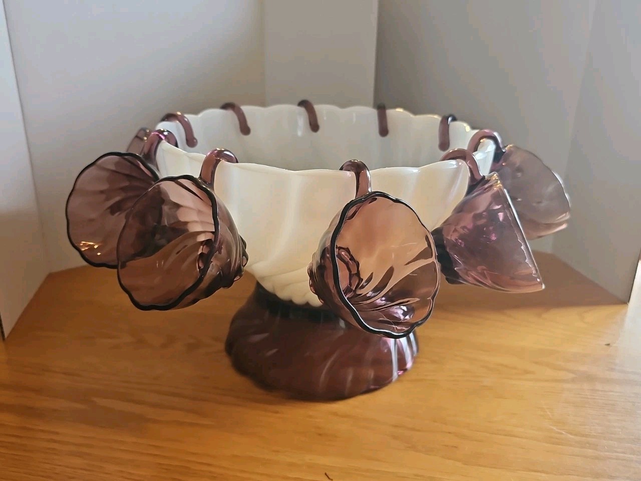 Amethyst & White Milk Glass Swirl Punch Bowl & Stand 10 Amethyst Cups