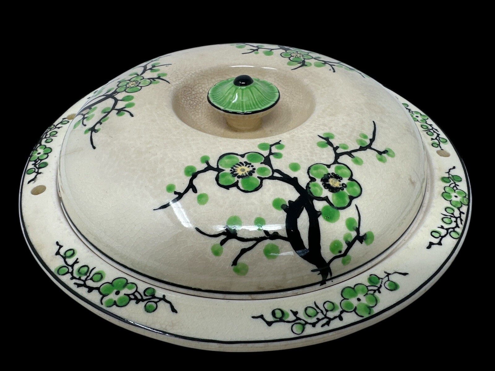 Vintage 1930s MORIYAMA Ceramic Covered Divided Platter Hand Painted Green Flora