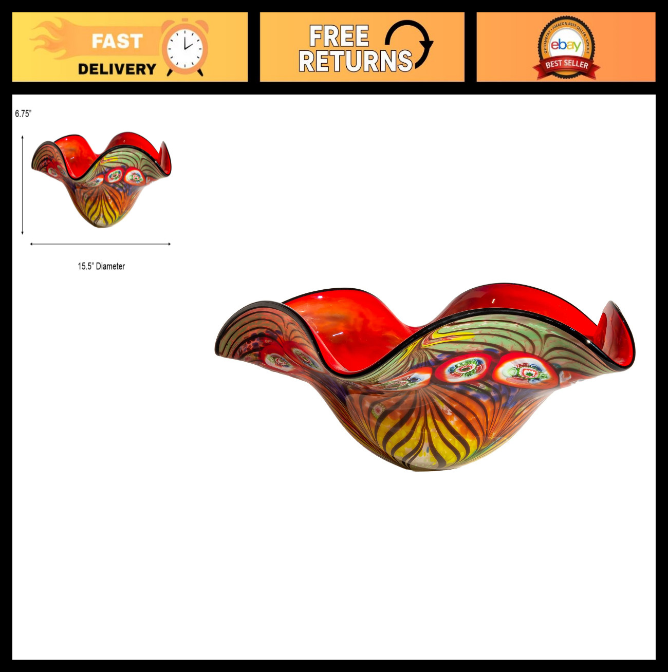 Hand Blown Art Glass Bowl, Multicolor Decorative Centerpiece, Unique Home Decor