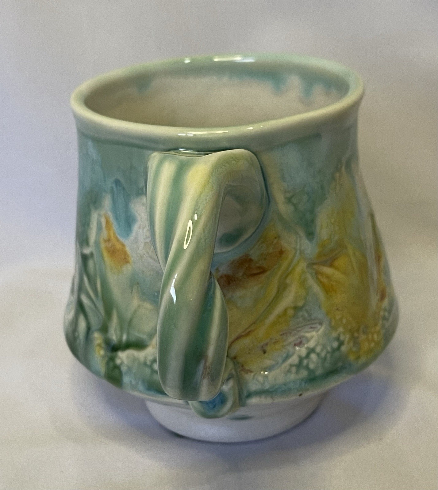 Handmade Studio Art Pottery Mug Leaf Imprint Green Drip Glaze signed by artist