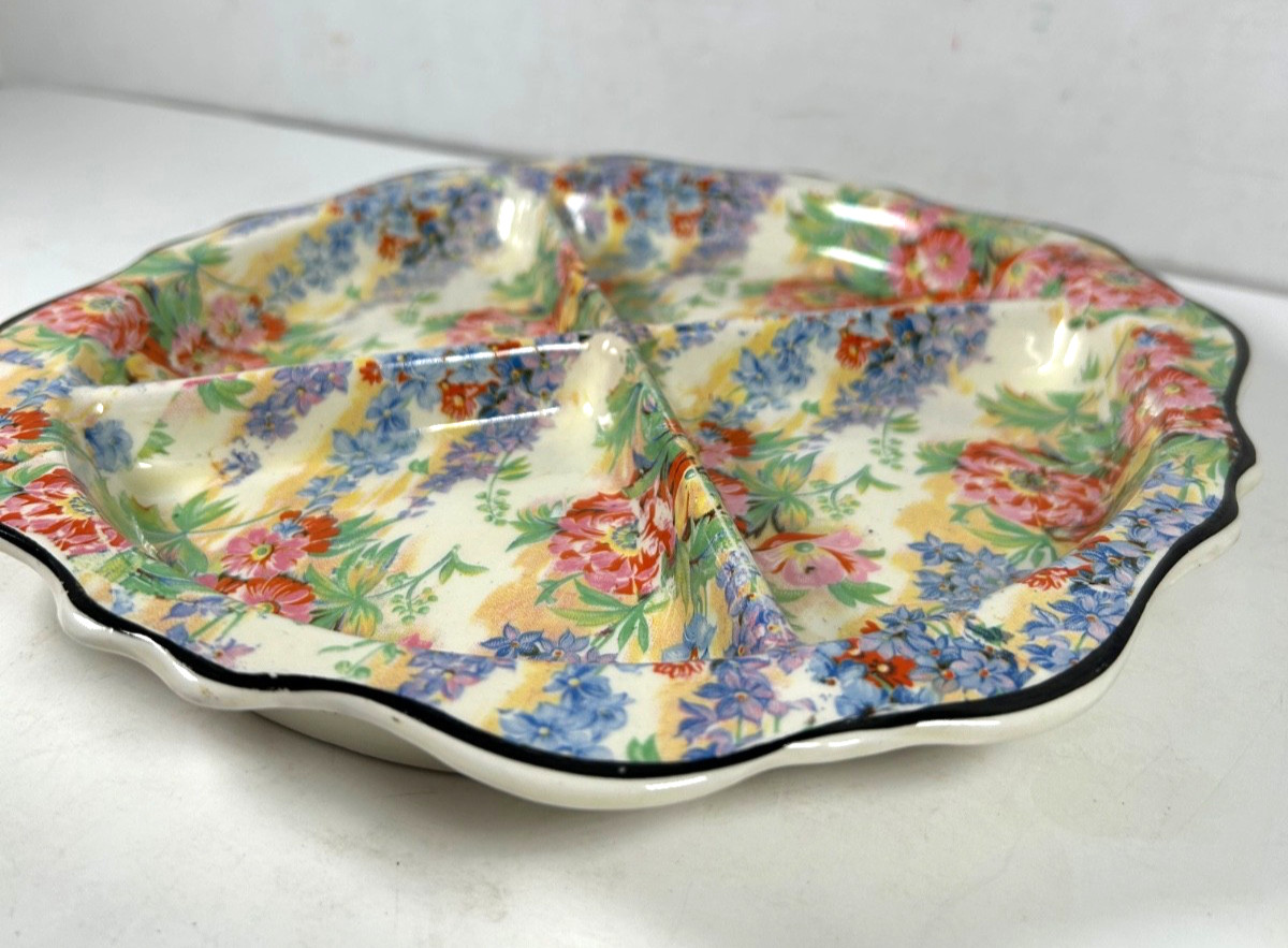 VTG Divided 4-Part Relish Dish Plate Bowl Empire Chintz “Delphi” England 8.5″