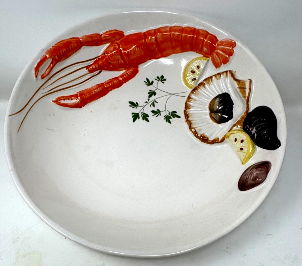 Lg. 13″ Majolica Seafood Ceramic Serving Bowl. Life-size Lobster, Sea Shells NEW