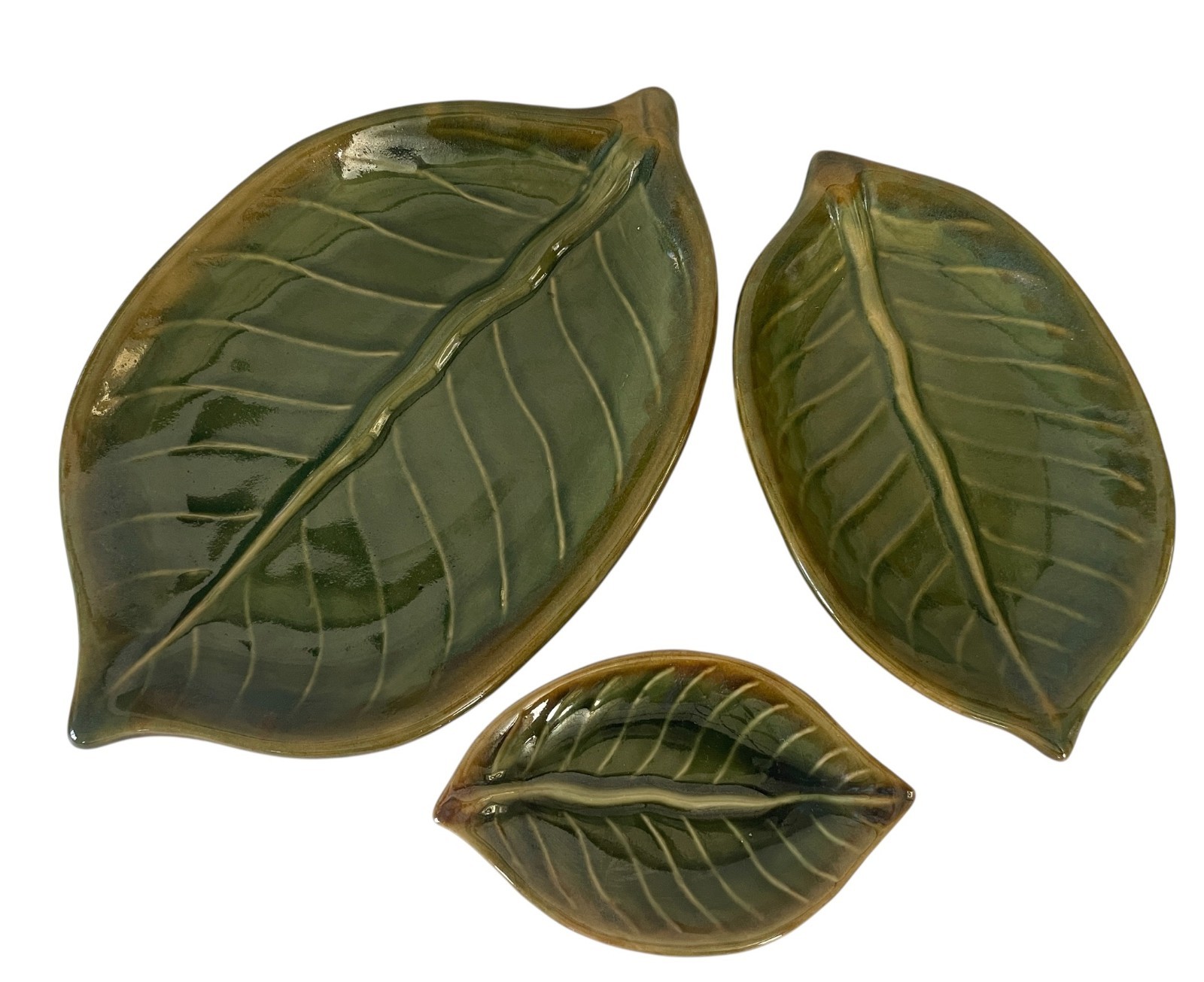 Pier 1 Stoneware Nesting Green Leaf Plate Set of 3 Vintage Serving Dishes Tiki