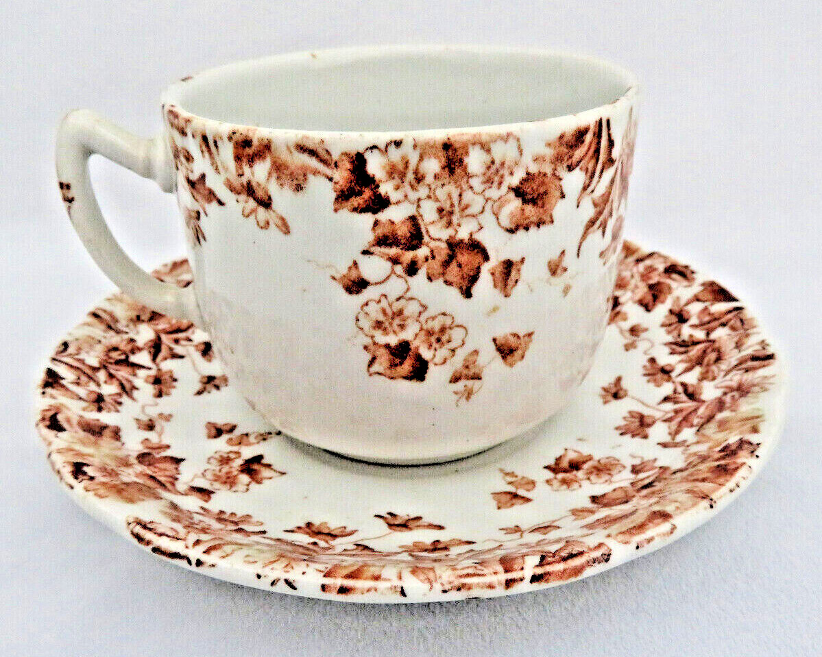 Brown Transferware Cup & Saucer M. L. & Co. Staffordshire England “Clyde”