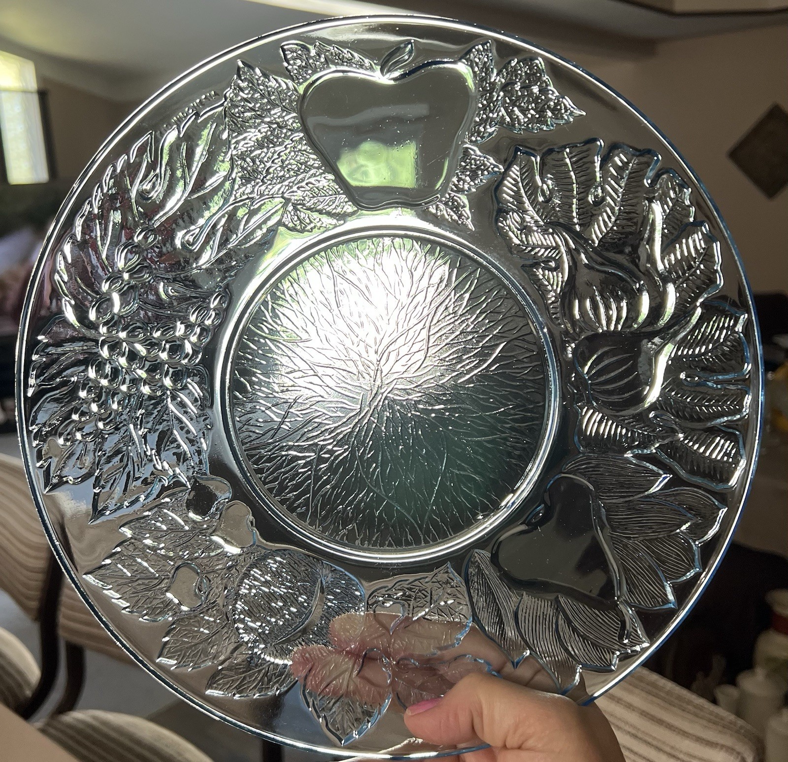 Set of 4 Vintage KIG Indonesia Blue Glass Dinner Plates Embossed Fruit 10.5”