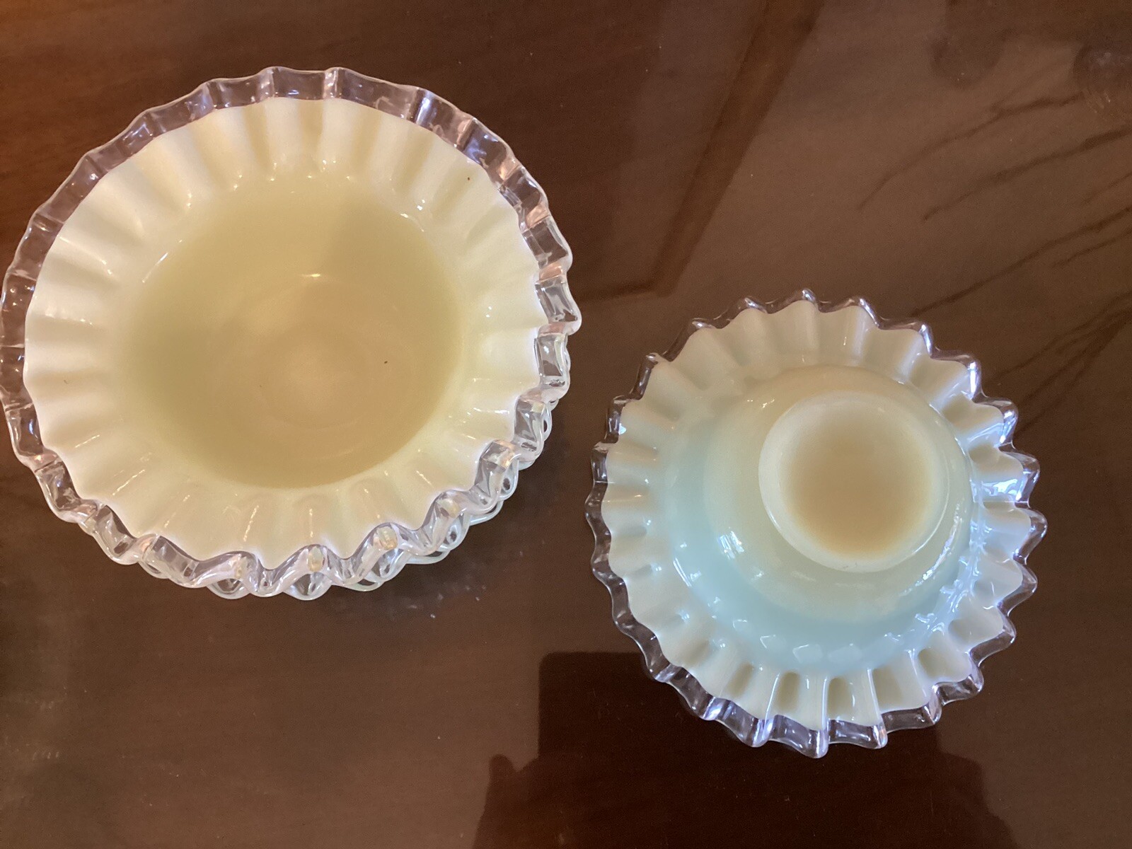 Fenton Glass Crested Opalescent Yellow /Green Pastel Milk Glass Bowls