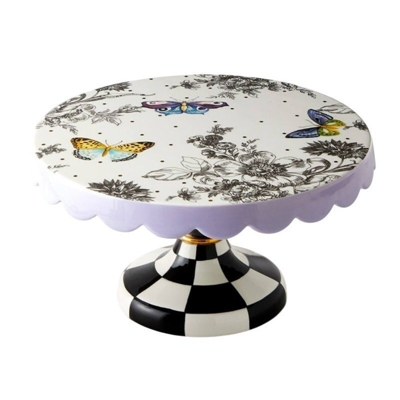 Brand New MacKenzie-Childs Butterfly Toile Small Pedestal Platter