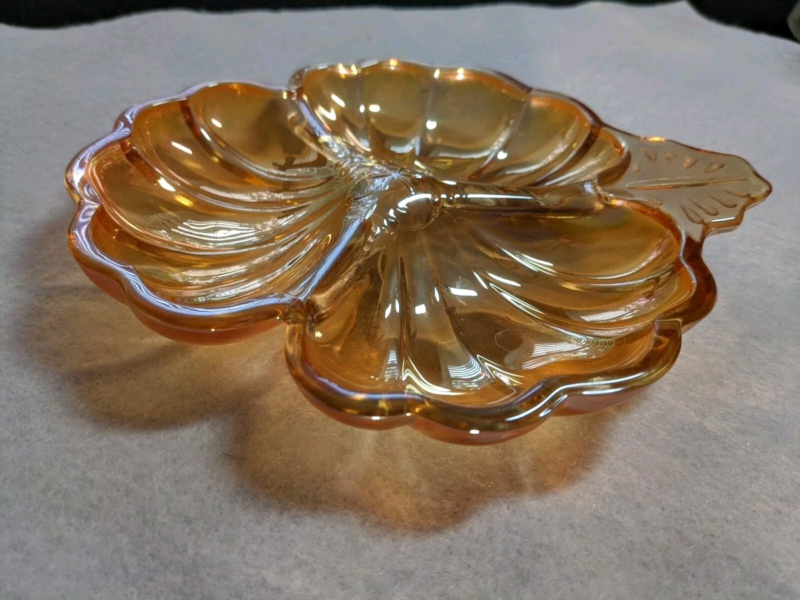 Vintage Amber Marigold Carnival Glass 3 Section Flower Leaf Candy Nut Dish
