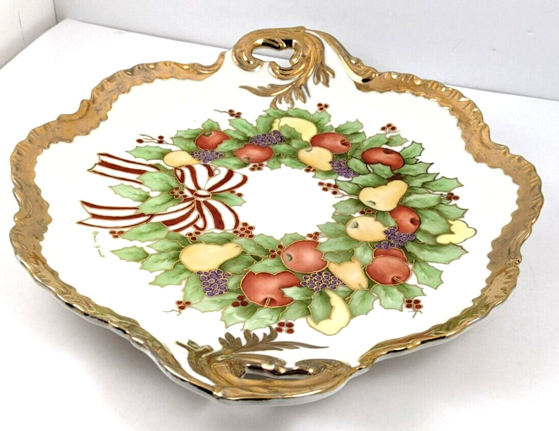 Hand Painted Ceramic Fruit Holly Berry Handled Platter Heavy Gold Trim Signed