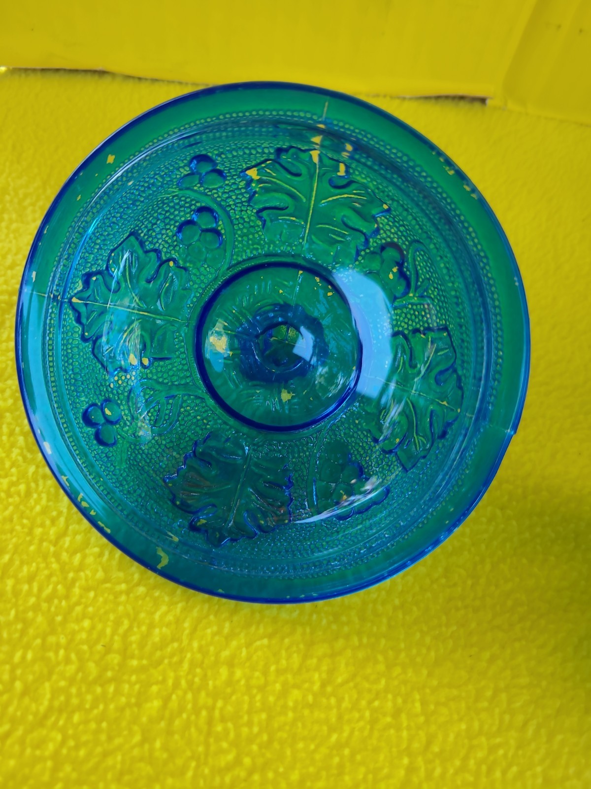 2 VTG 1950s Jeanette Glass Footed Covered Cobalt Blue Candy Dish Grape Leaf MCM