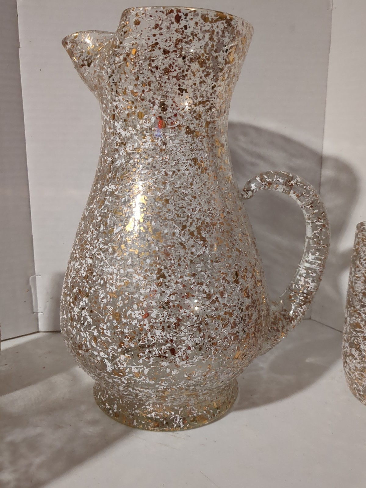 Vintage West Virginia Glass Co. Pitchers W/6 Glasses Gold Splatter Textured MCM