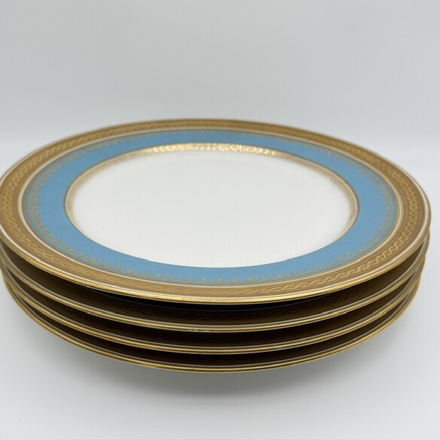 Set Of 4 Bernardaud Limoges Dinner Plates Turquoise Blue Heavy Gold Trim 10″