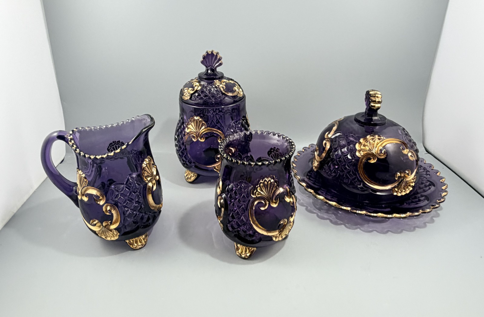 EAPG Riverside Amethyst Glass Croesus Butter Dish Creamer Sugar Bowl Set of 4
