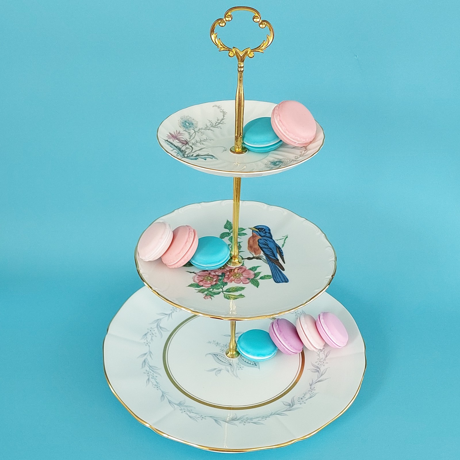 Vintage 3 Tier Cake Stand Bone China Porcelain Bluebird Floral Afternoon Tea