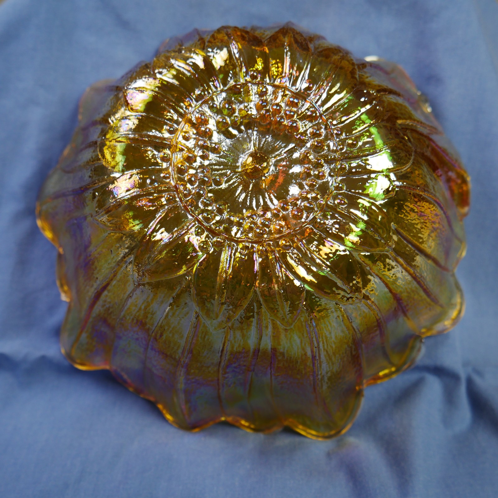 Vintage Iridescent Marigold Carnival Glass Flower Daisy Sunflower Candy Bowl 