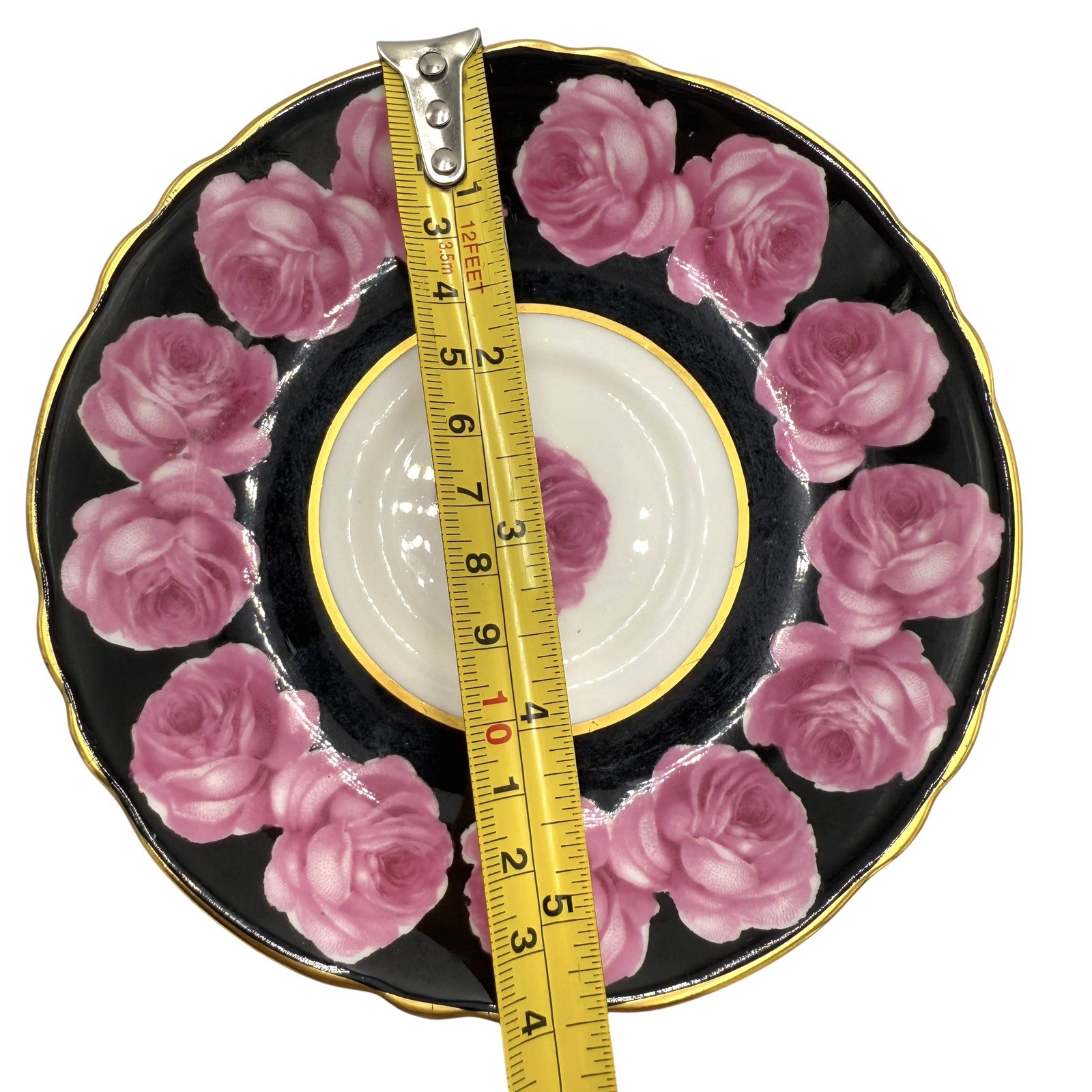 Paragon Pink Cabbage Rose Garland Black Gold Teacup & Saucer Double Warrant