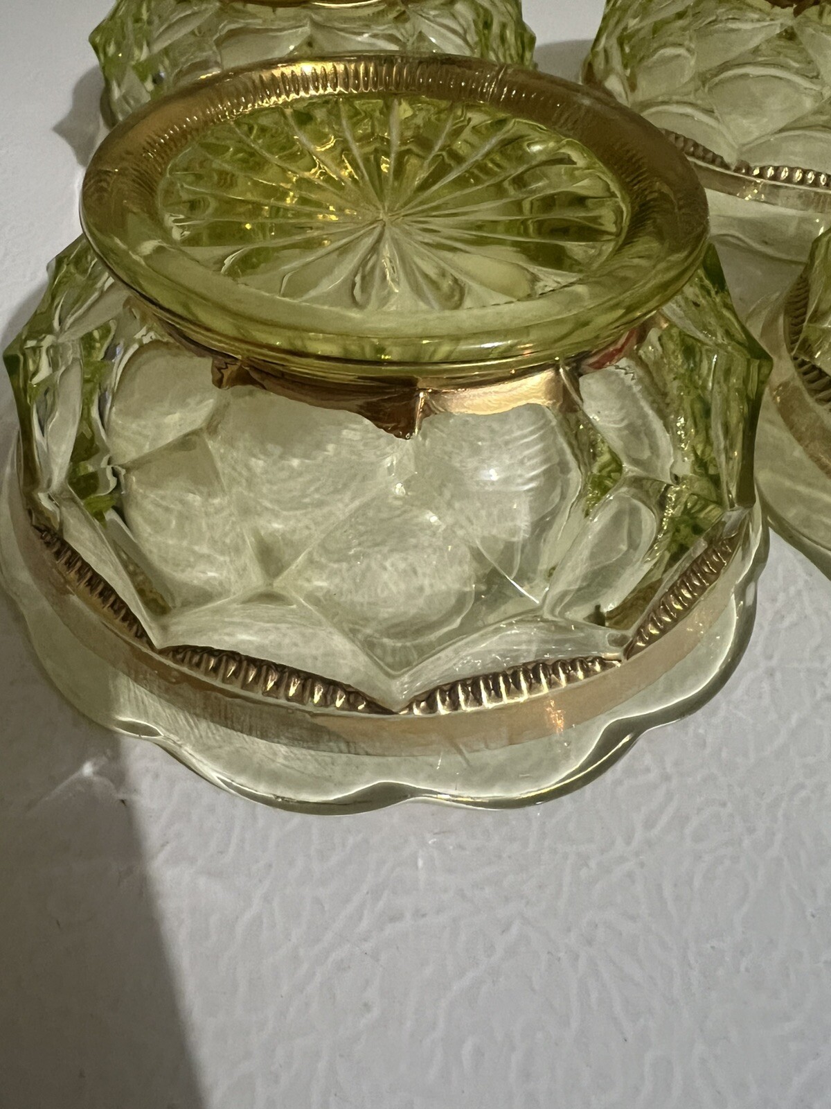 Antique Beaumont Glass Co #100 Columbia Vaseline UV Glass Berry Bowls Gold Trim