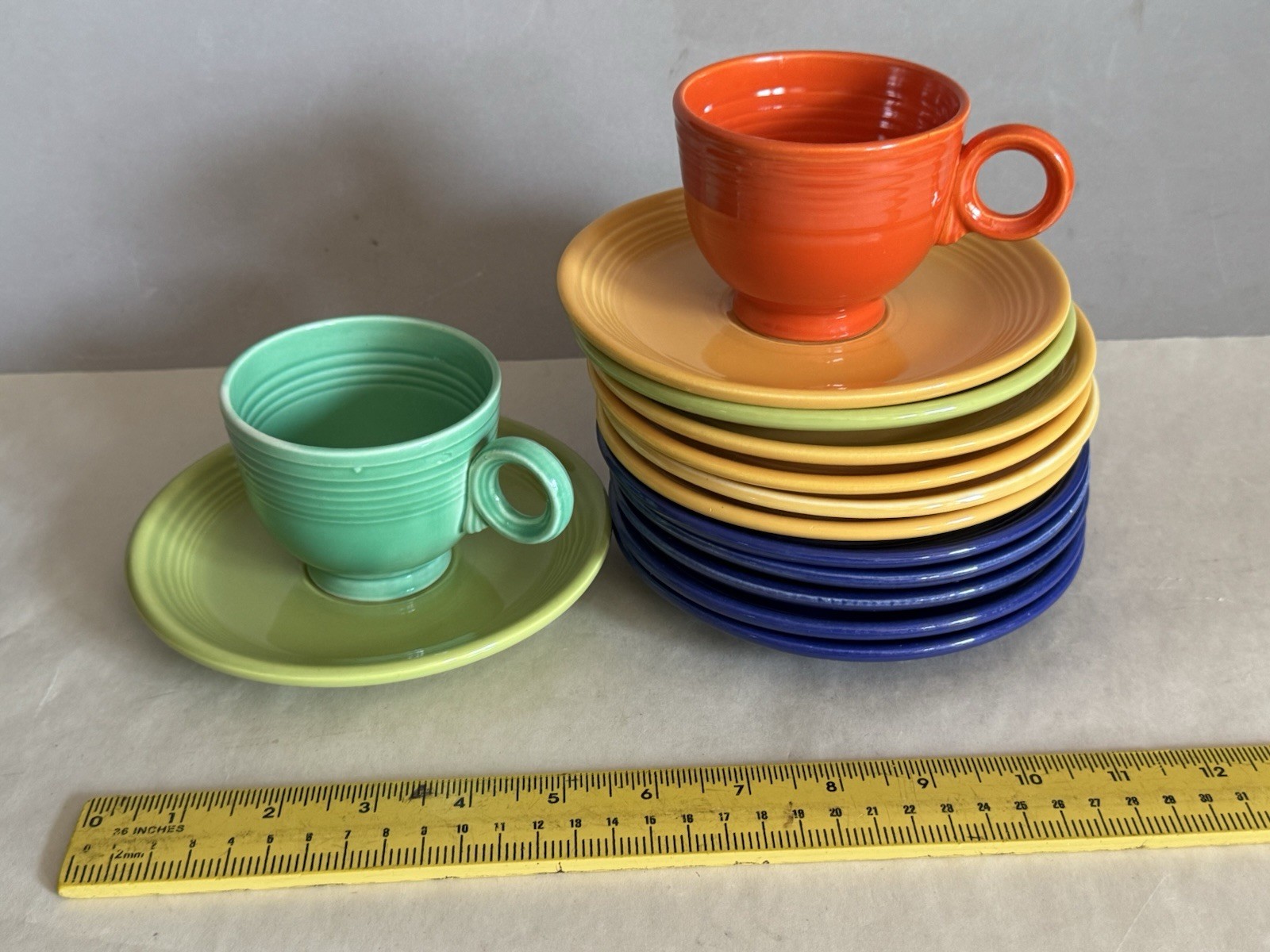 14pc FIESTA Homer Laughlin 2 Cups 12 Saucers Red Yellow Cobalt Lt Green Chartre