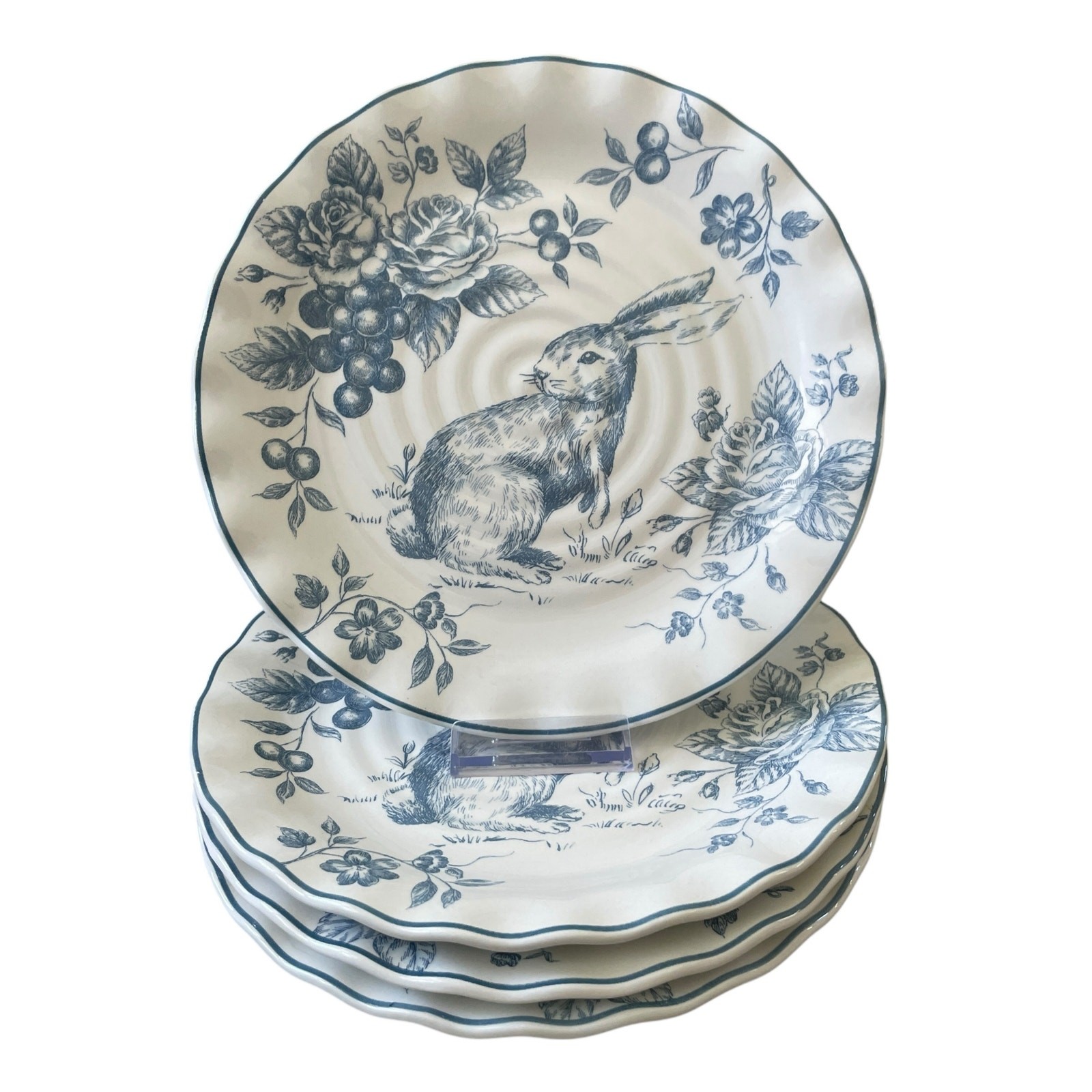 NEW Maxcera Blue Toile Bunny Rabbit Dinner Plates 11″ Scalloped Easter Set of 4
