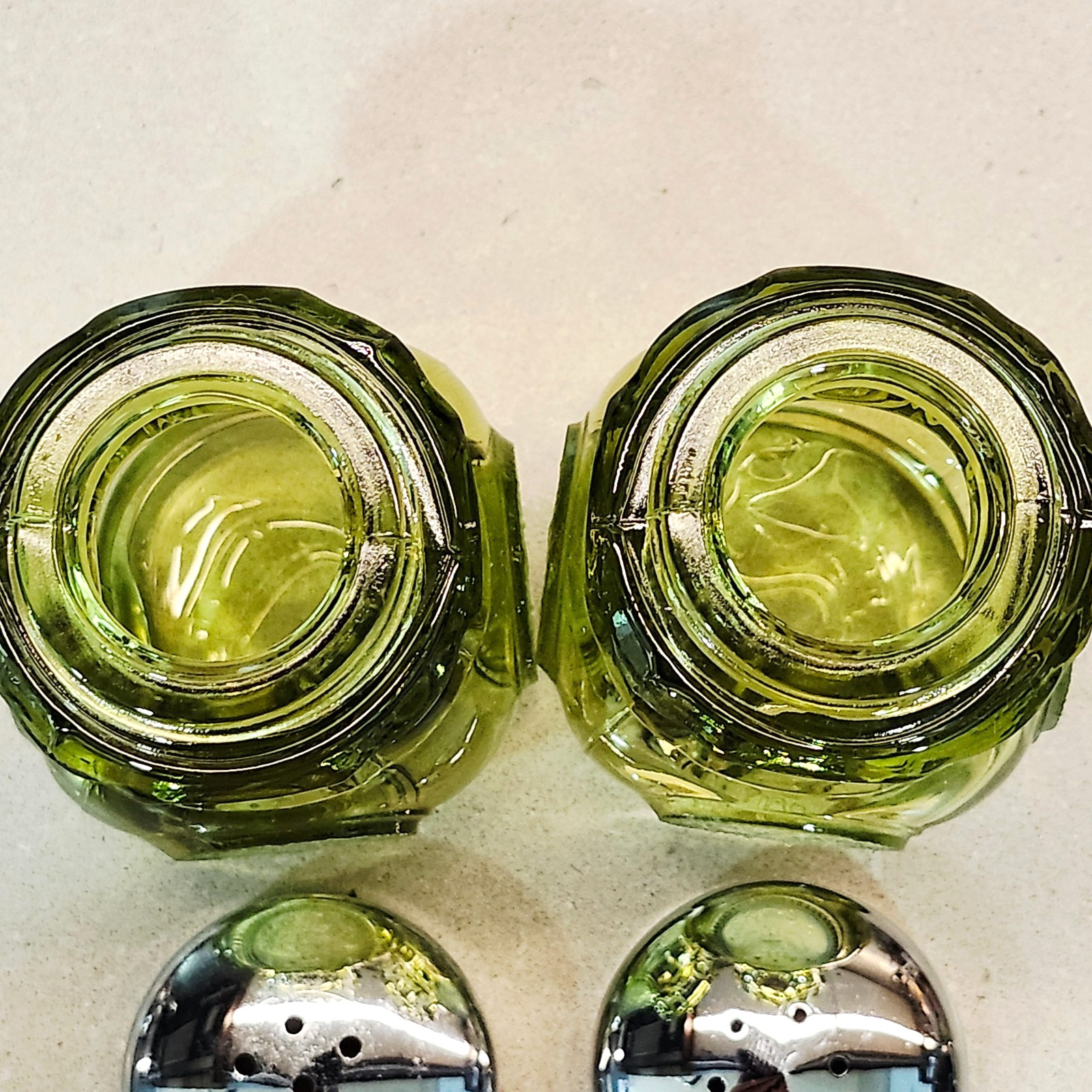 Vintage Fostoria Olive Green Glass Coin 3” Tall Salt & Pepper Shakers
