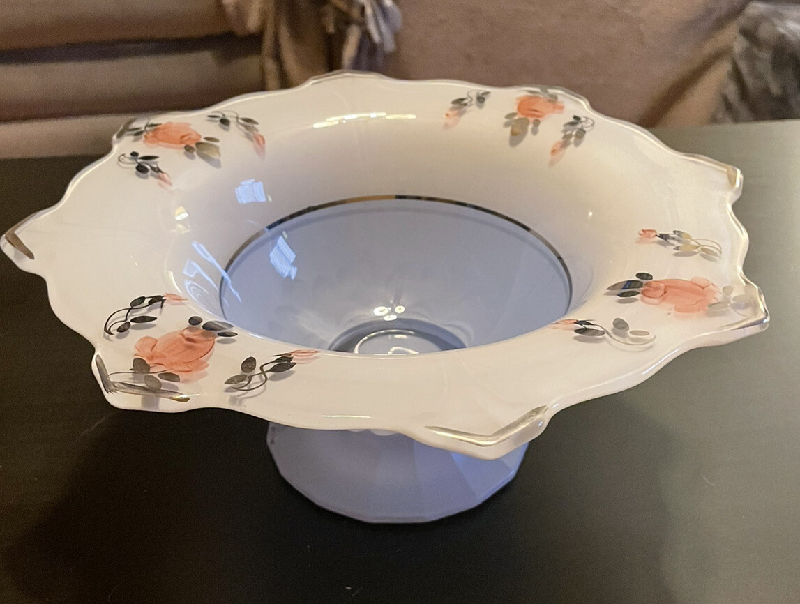 Baby Blue Art glass Bowl Pink Roses Platinum trim on Clear & White Glass