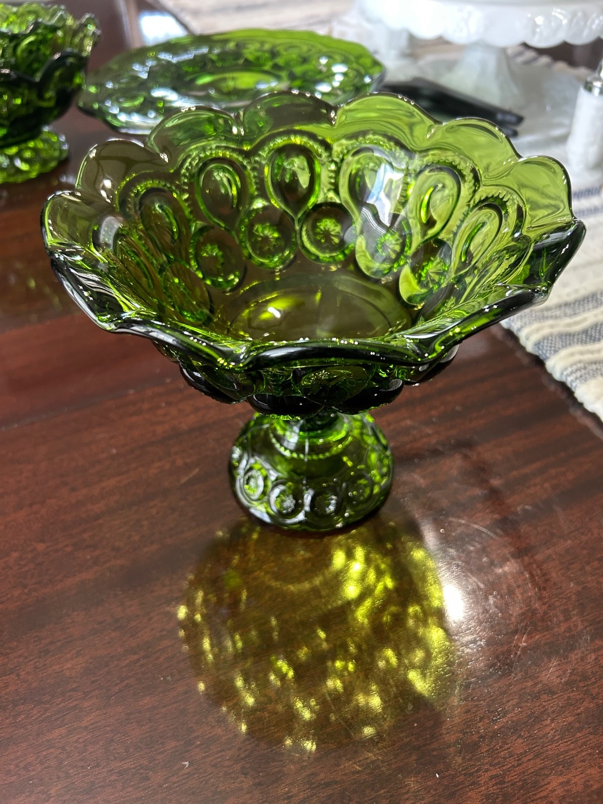 Vintage 4pc L.E. Smith Green Moon & Stars Set Cake Pedestal 2 Bowls 1 Compote