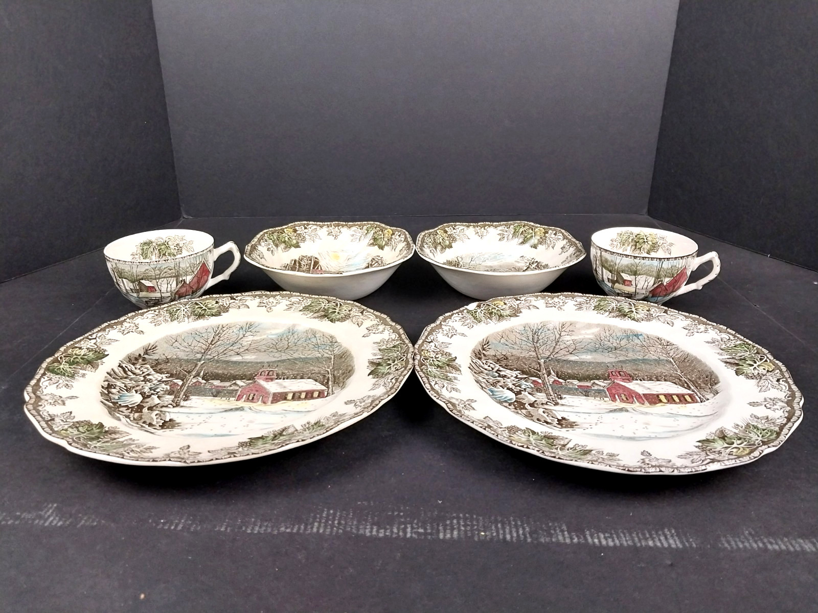 Vtg Johnson Brothers 6-Pc School House and Covered Bridge Teacups Plates & Bowls