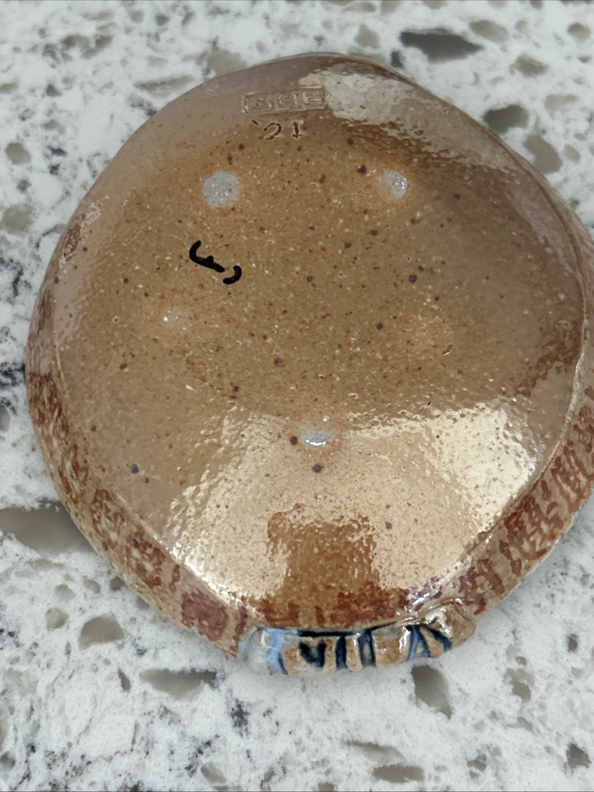 Art Pottery Bowl 5 7/8″x4 1/2”Oval Rich Blue Glaze Embossed Signed One of a Kind