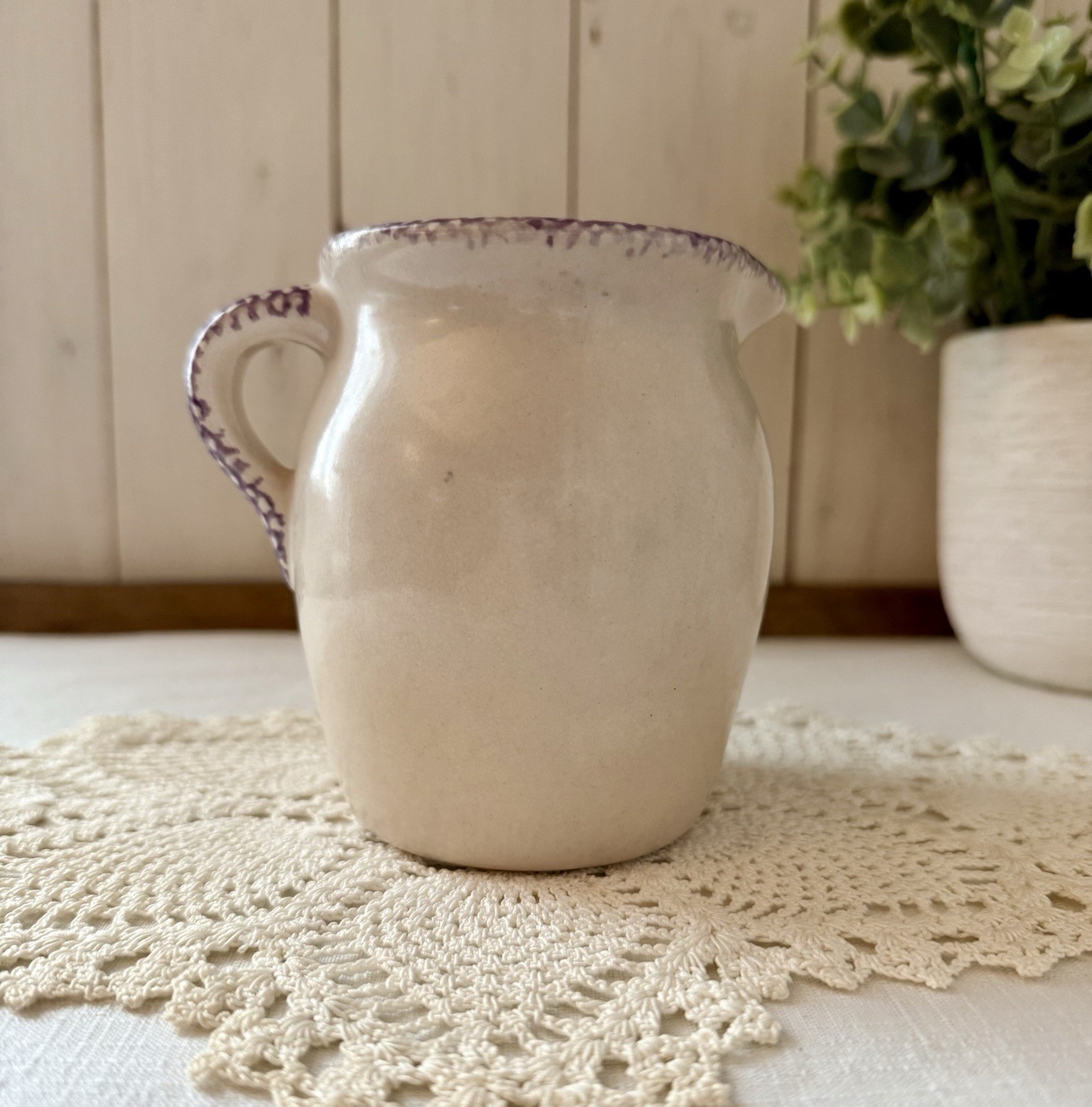 Vintage Blue Heart Spongeware Stoneware Creamer – Country Cottage Pitcher