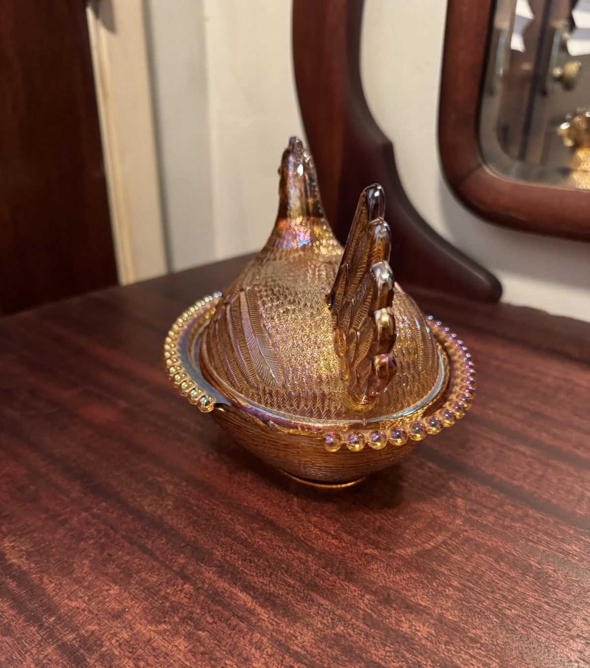 Vintage Indiana Glass Hen on Nest Iridescent Golden Amber Carnival Glass 7” READ