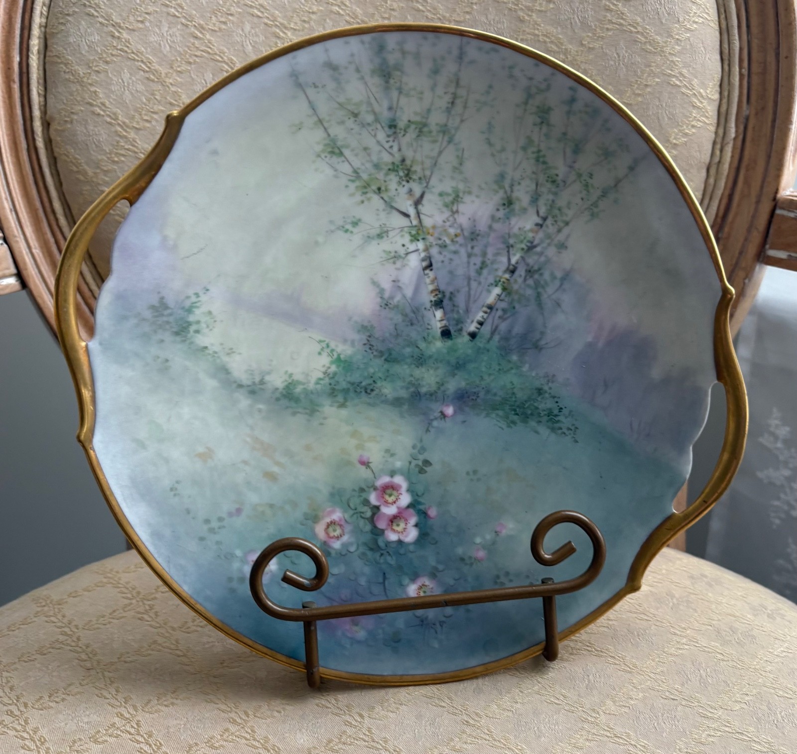 Pickard China Vellum Hand Painted Signed Maley Plate Tree Lake Scene 10.75″ 1901