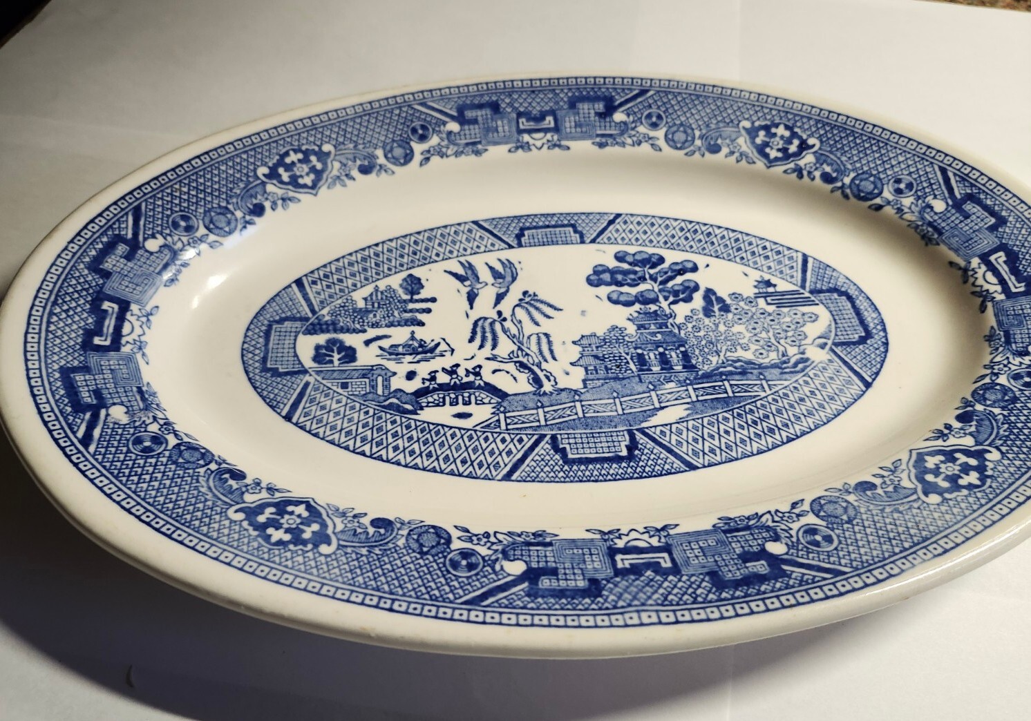 Buffalo China Blue Willow Oval Platter 13 1/2″ Vintage Ware Oneida Asian Scene