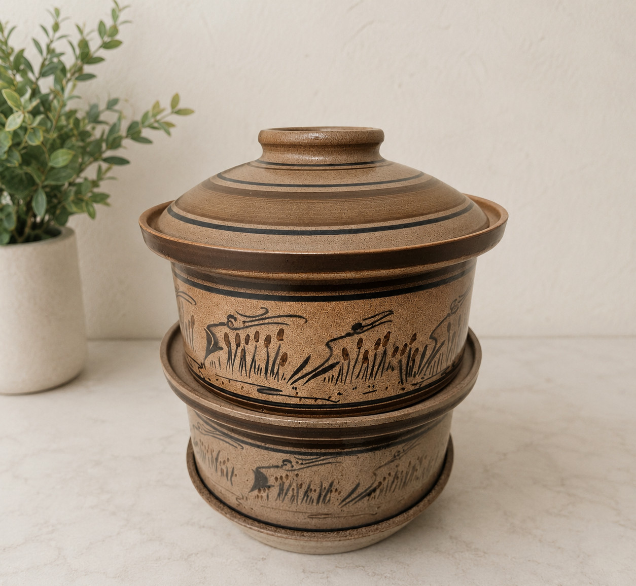 Rare Vintage Cedar Swamp Stoneware 3pc Stacking Steamer Humidifier 12″ Cattail