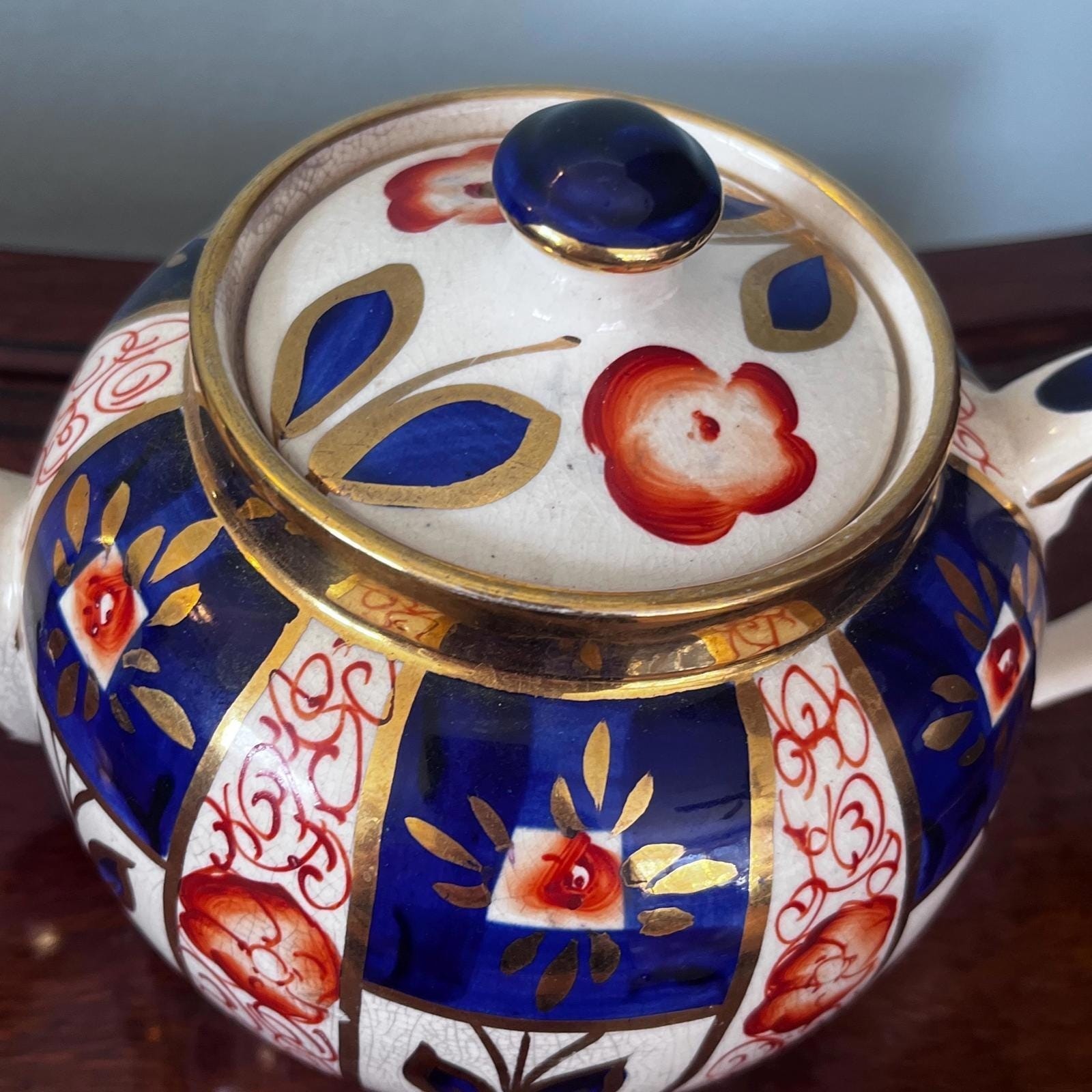 Sudlows Burlesom Gaudy Welsh Tea Pot Cobalt Blue, rust and gold pattern
