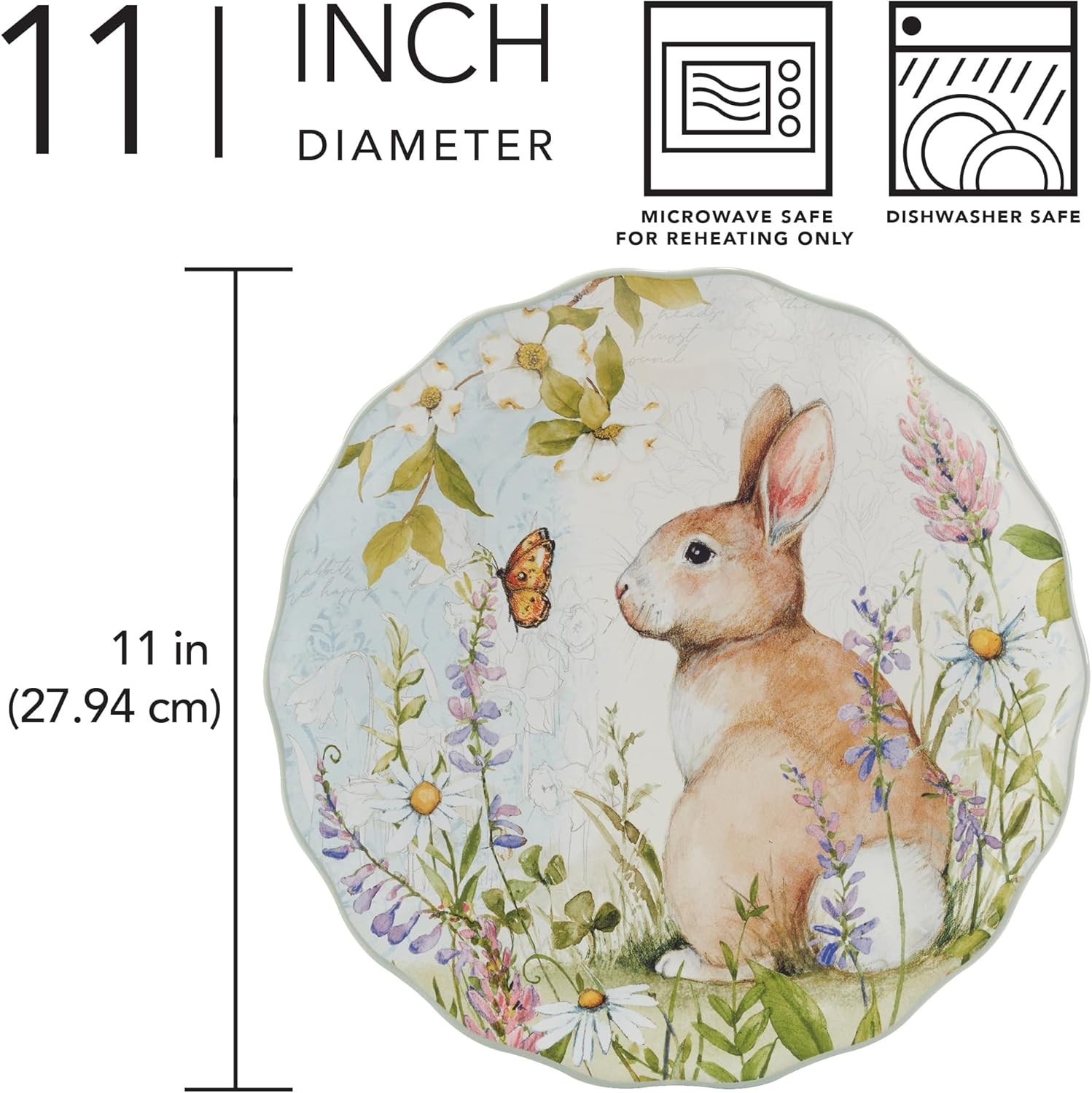 Easter Meadow 11-Inch Dinner Plates,Set of 4 – Whimsical Bunny & Floral Desig…