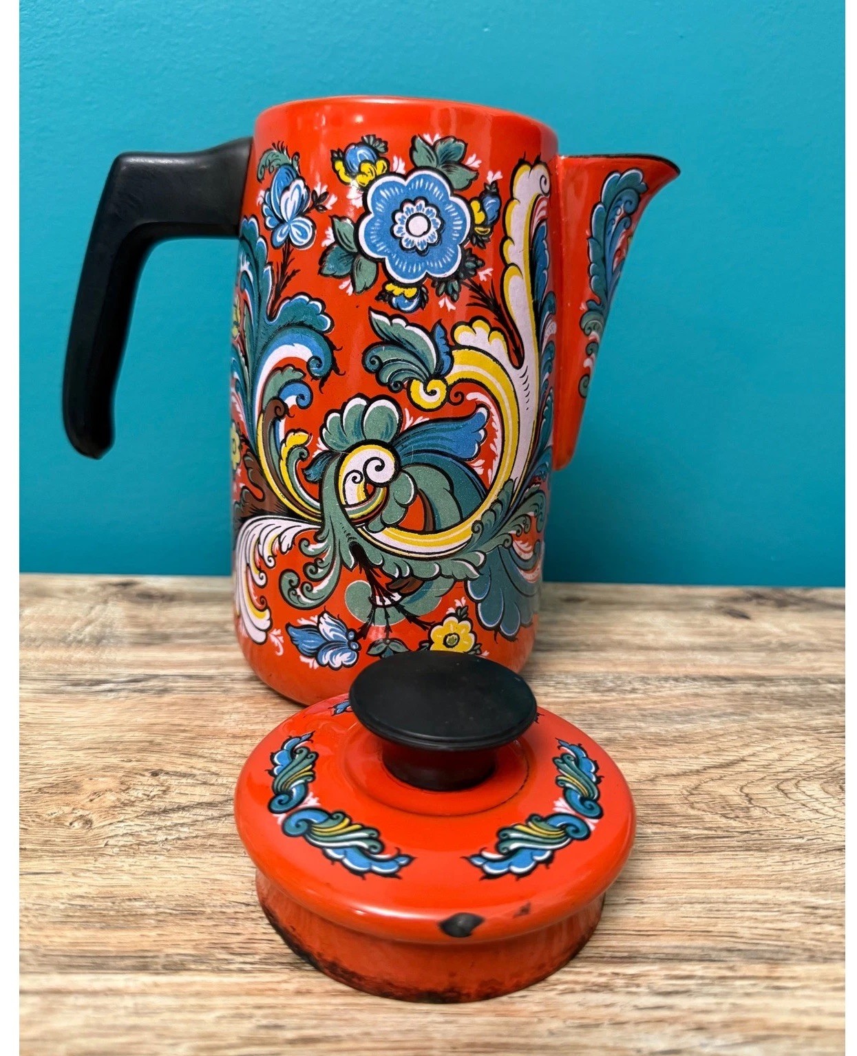 Scandinavian Vintage Coffee Pot Orange Floral Enamelware Retro Boho MCM Carafe