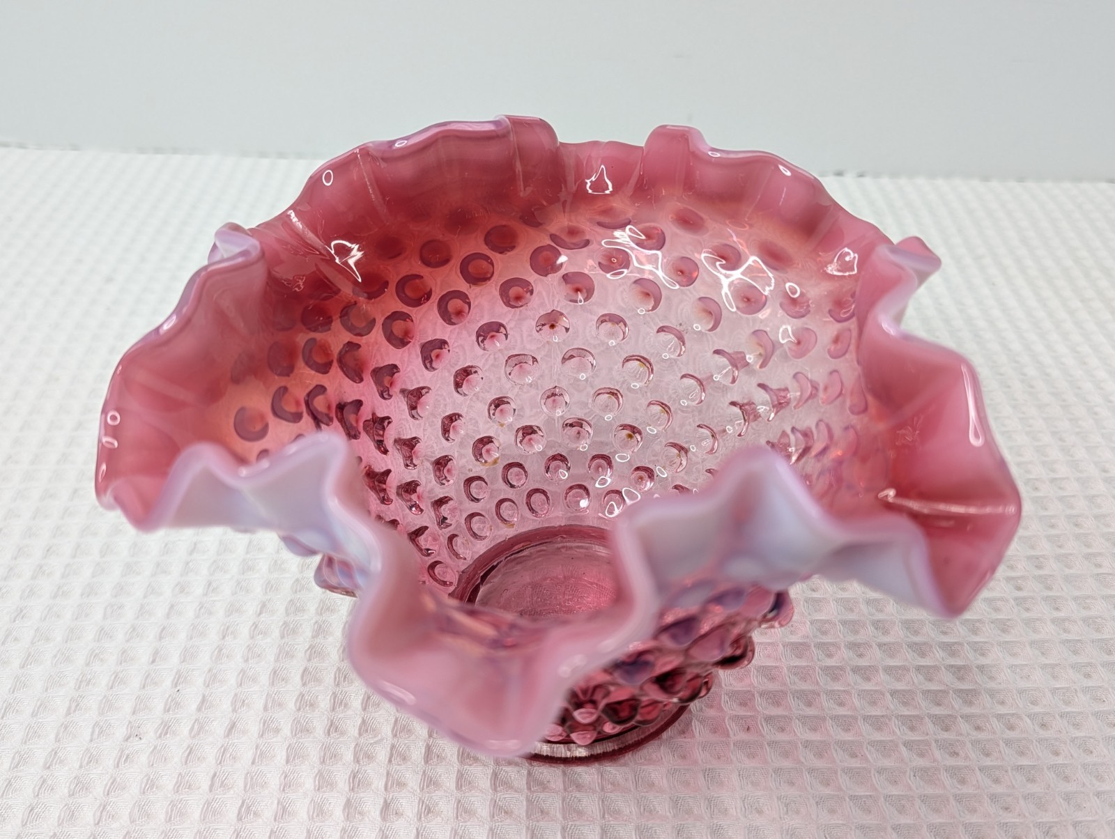 Fenton Cranberry Opalescent Candy Bowl Dish Hobnail Ruffled Vtg Snap Ring Marks