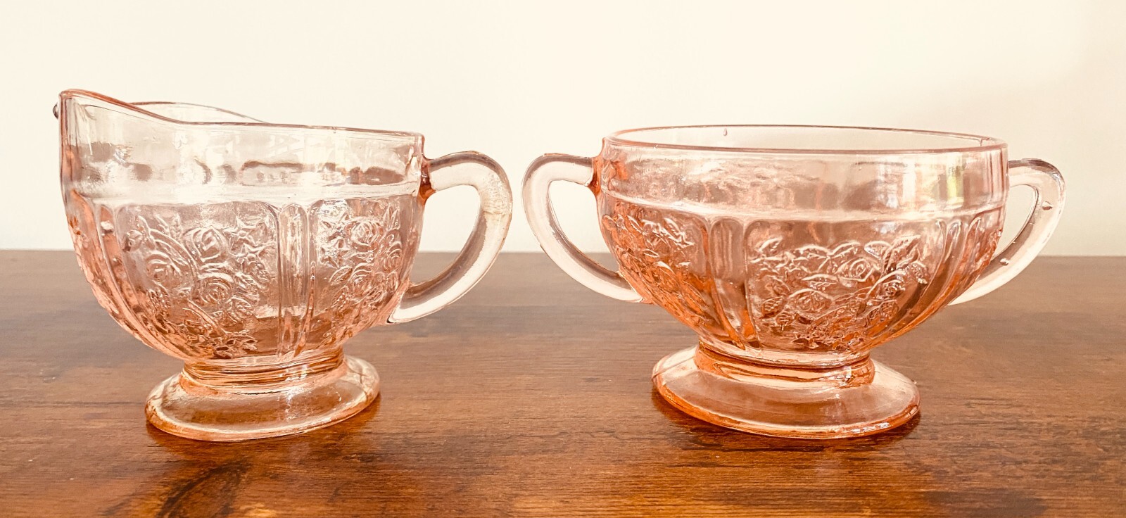 Vintage Pink Depression Glass Sugar Bowl and Creamer