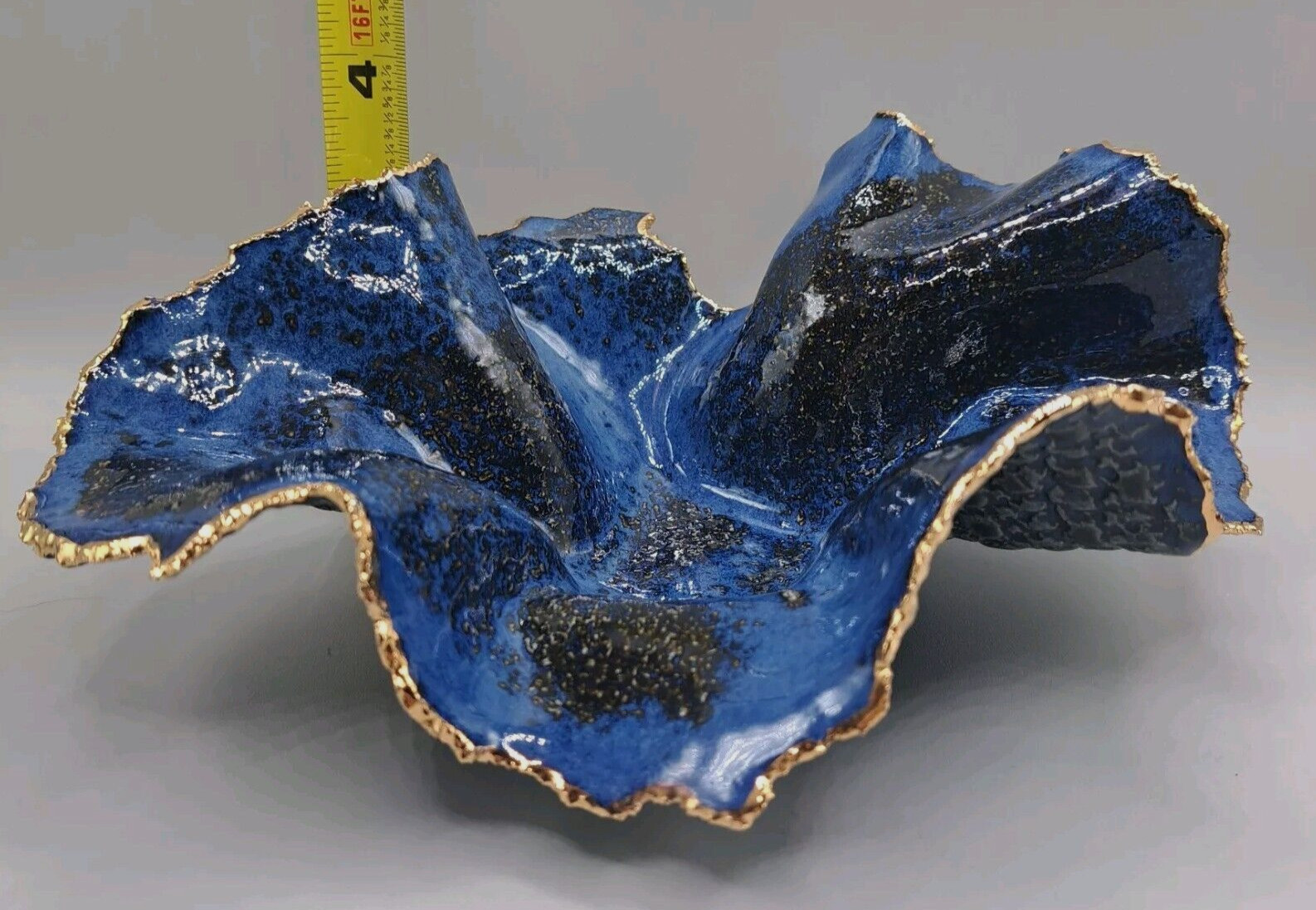 Freeform handkerchief Pottery Bowl Blue Unsigned Cobalt/Gold Trim OrganicTexture